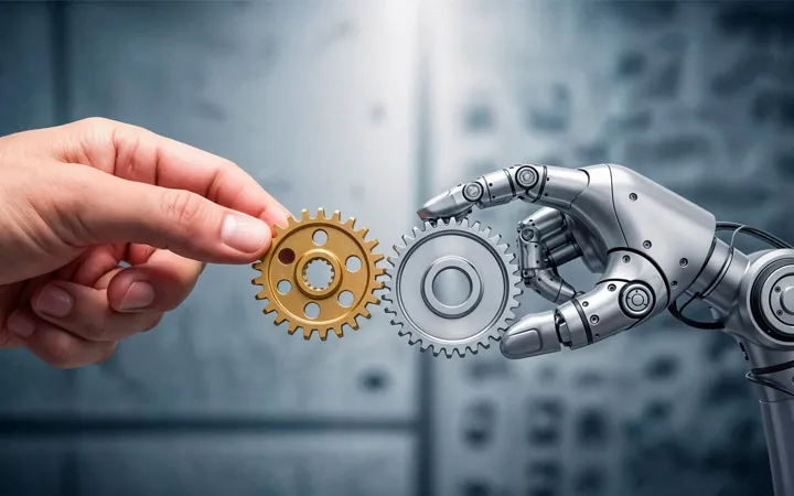 Human hand and robotic hand joining gears, representing business automation